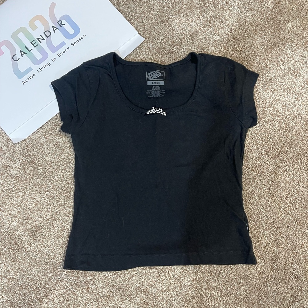 Vans Black Short Sleeve Scoop Neck Tee with Checkerboard Accent x-small xs